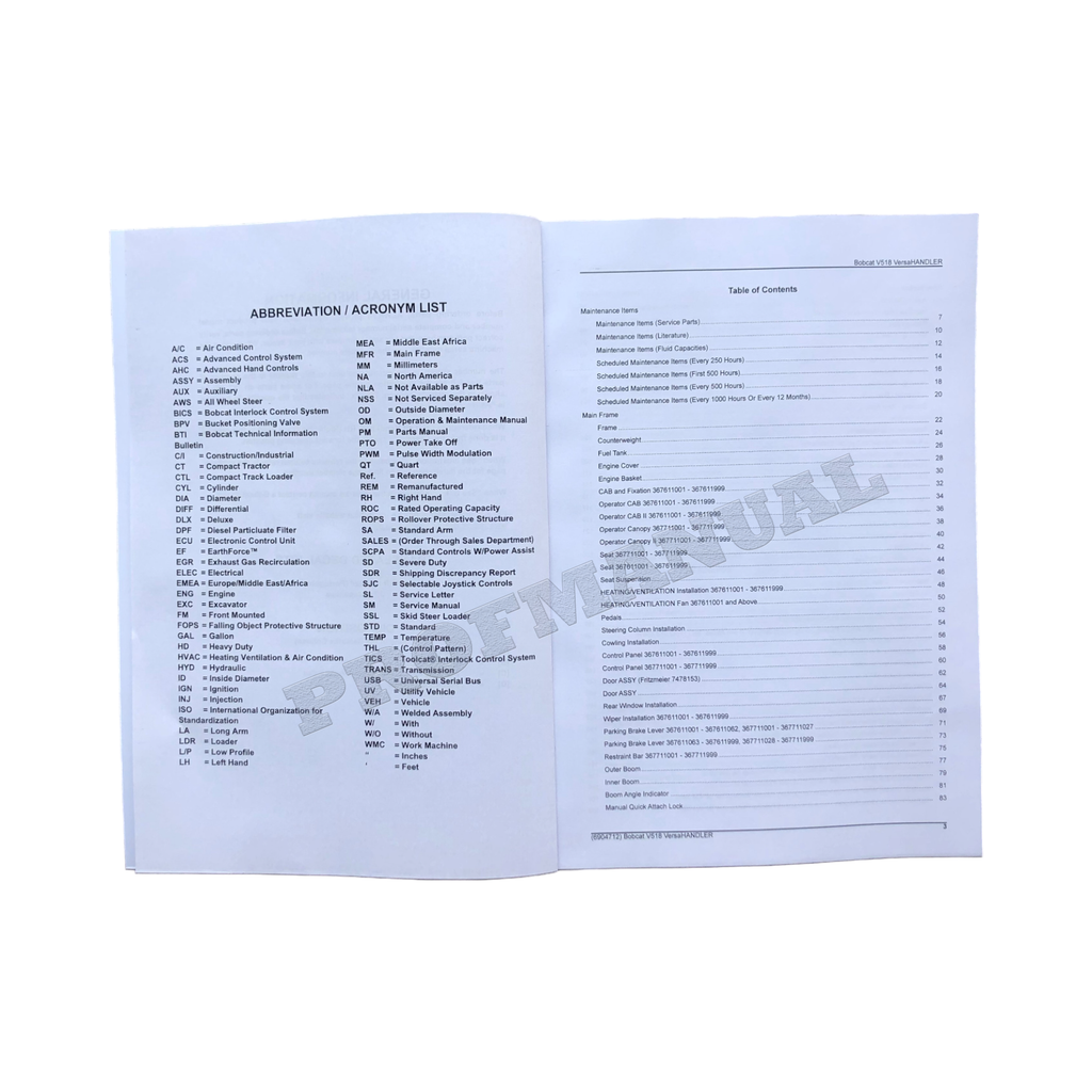 Manual del catálogo de piezas Bobcat V518 VersaHandler