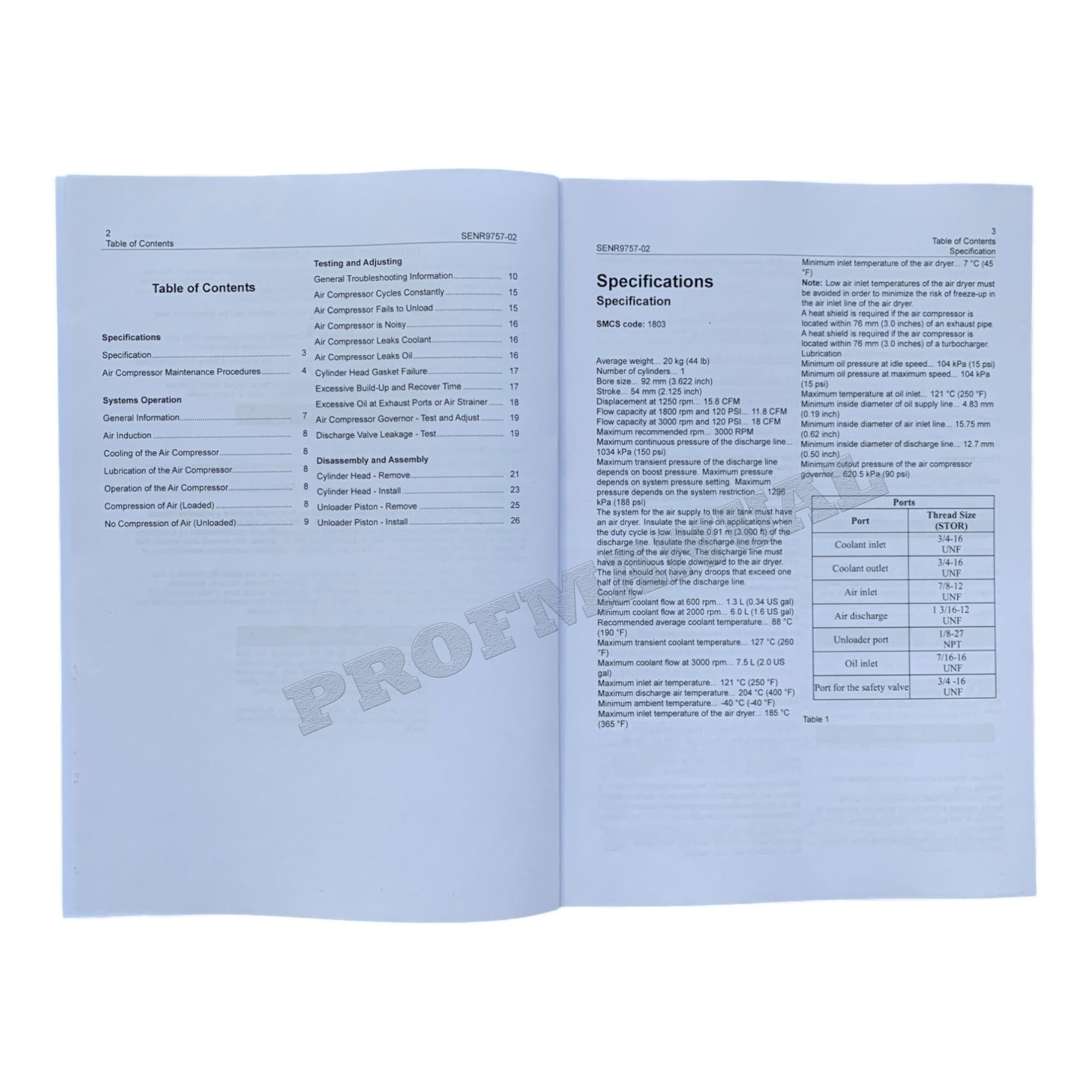 Caterpillar BA-921 Bendix Air Compressor Spec Test Adjusting Disassembly Assembly Manual