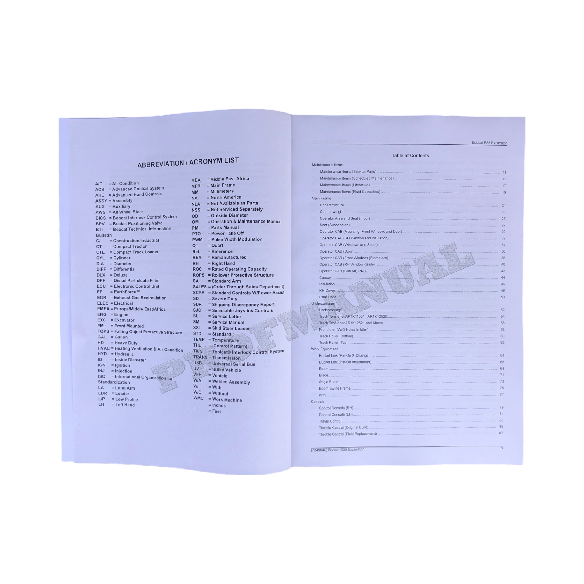 Bobcat E35 Excavator Parts Catalog Manual AR1K11001-