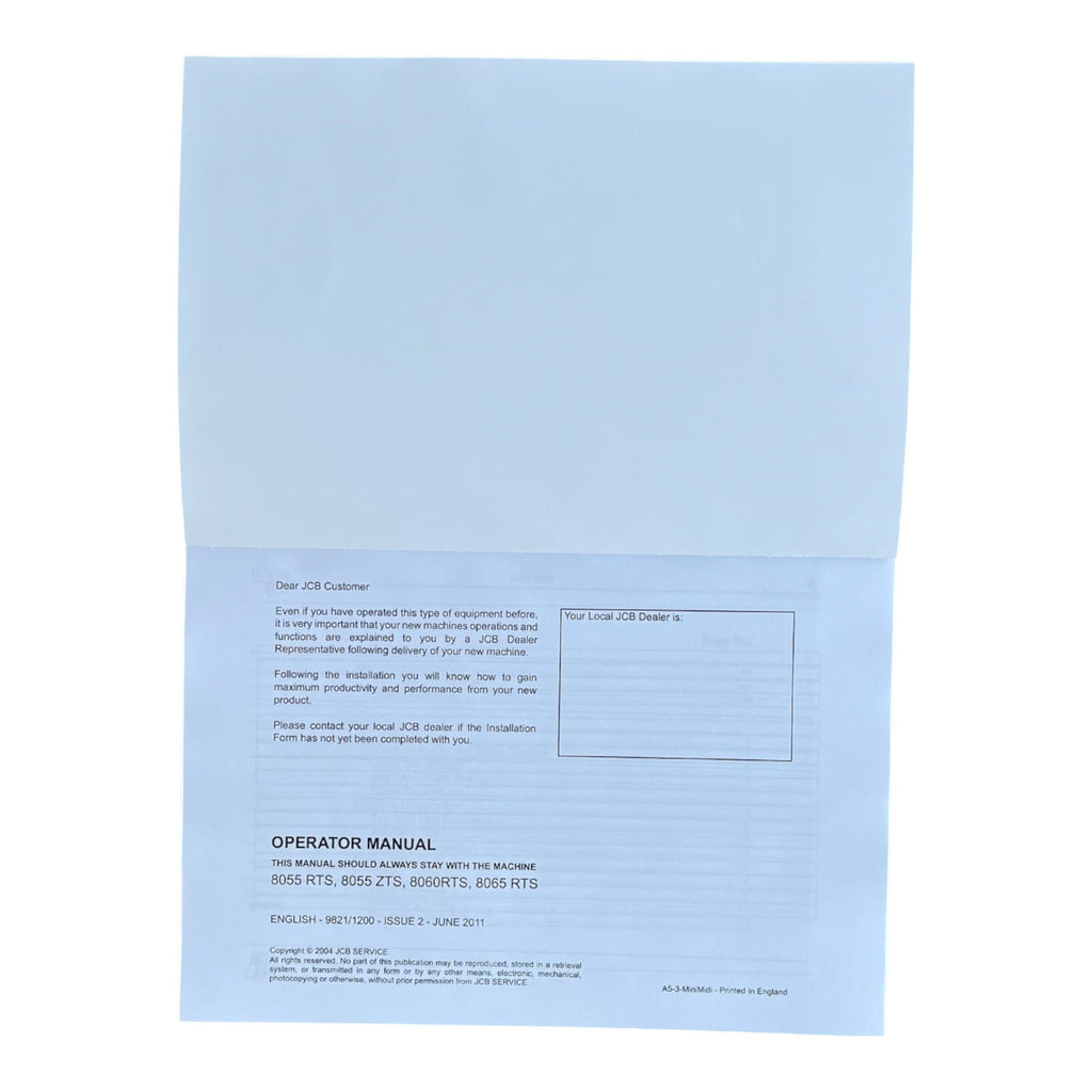 JCB 8055 RTS 8055 ZTS 8060RTS 8065 RTS Midi Excavator Operators Manual