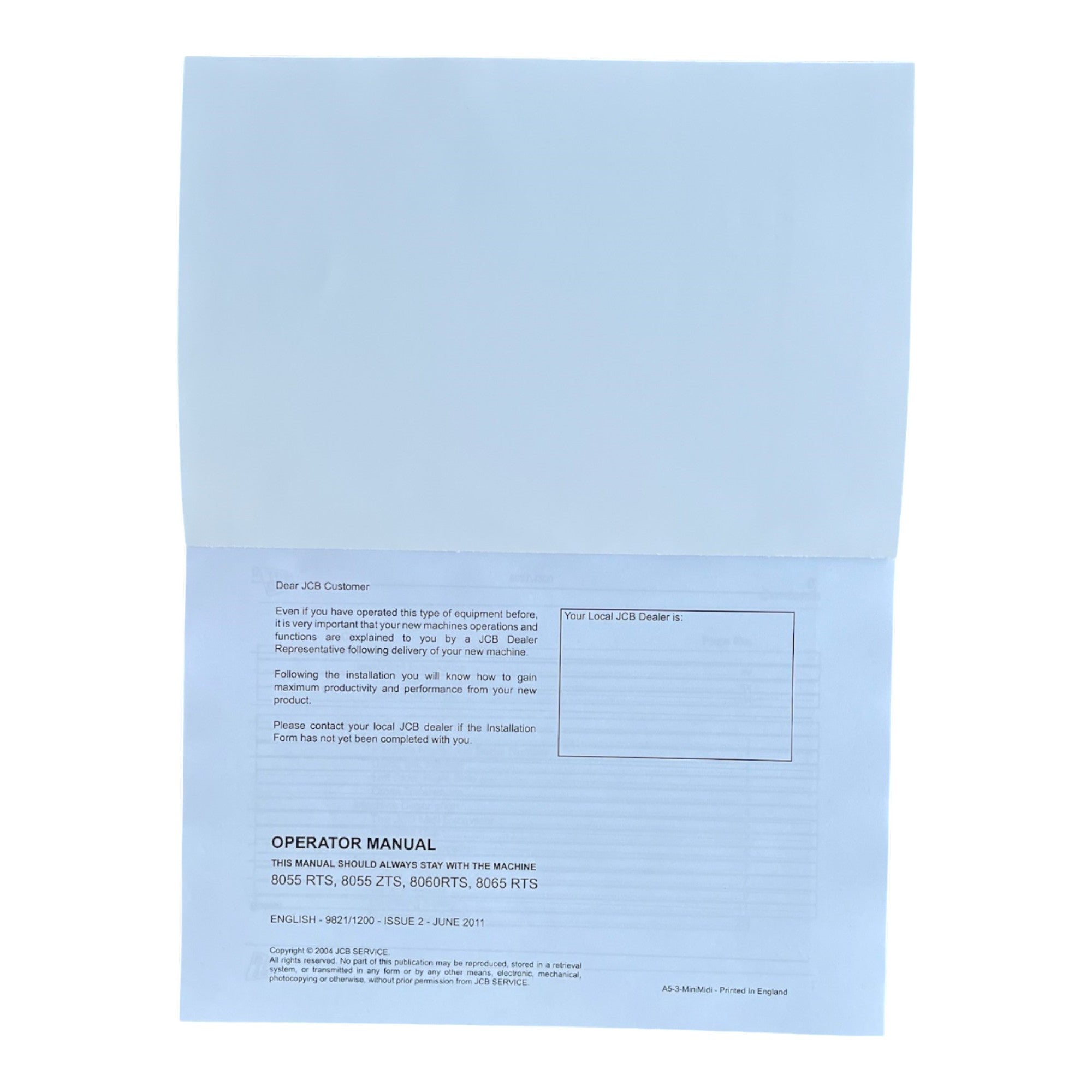 JCB 8055 RTS 8055 ZTS 8060RTS 8065 RTS Midi Excavator Operators Manual