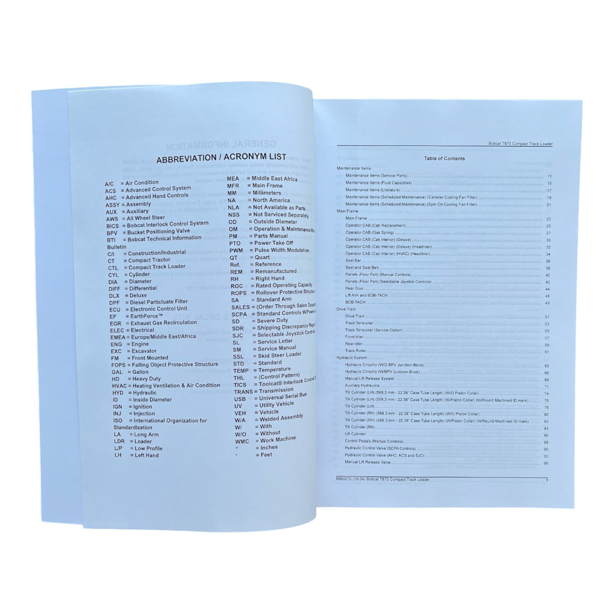 Bobcat T870 Compact Track Loader Parts Catalog Manual AN8L11001- ATF811001-