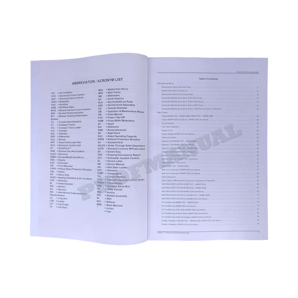 Manual del catálogo de piezas Bobcat V638 VersaHandler A2ZV11001 A2ZW11001
