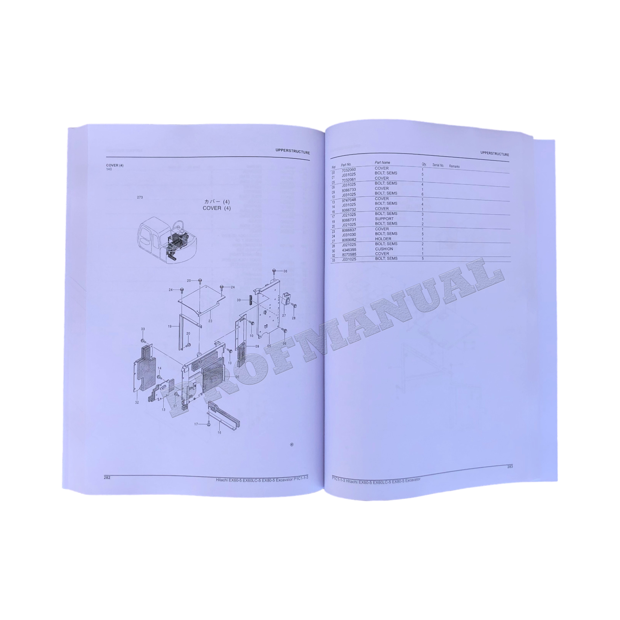 Hitachi EX80-5 EX60-5 EX60LC-5 excavator parts catalog manual ser 50001 and UP
