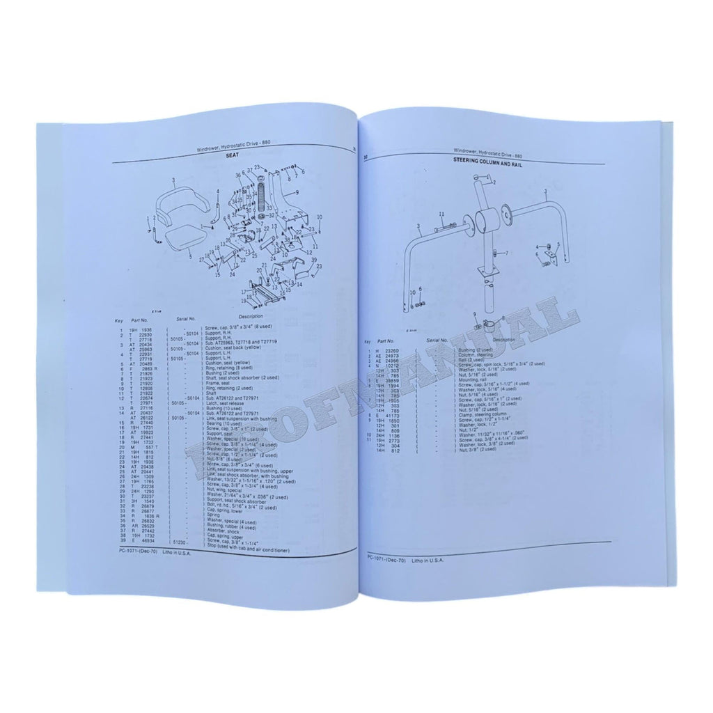 Catálogo de piezas de la hilandera JOHN DEERE 880, manual n.º 1
