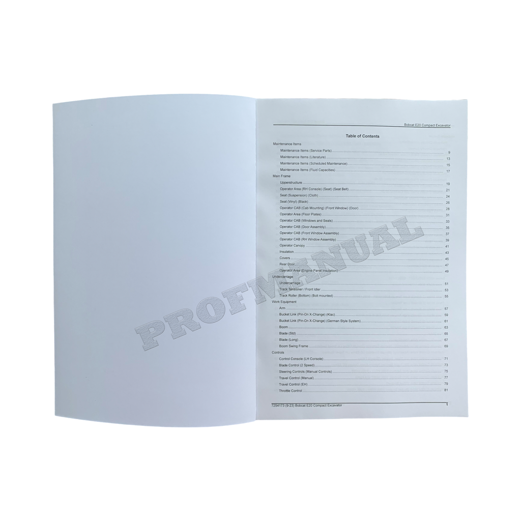 Bobcat E20 Excavator Parts Catalog Manual B3BL11001-