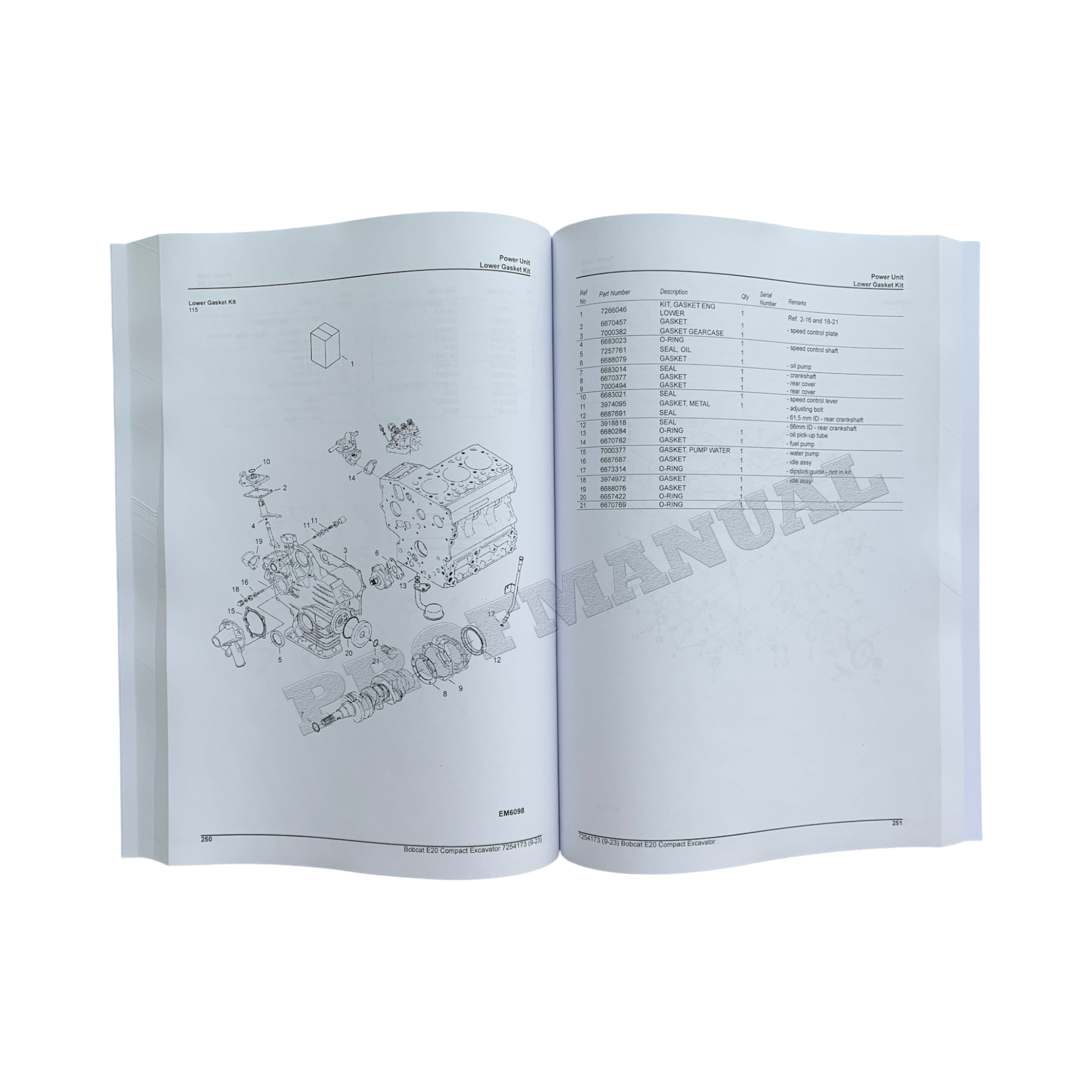 Bobcat E20 Excavator Parts Catalog Manual B3BL11001-