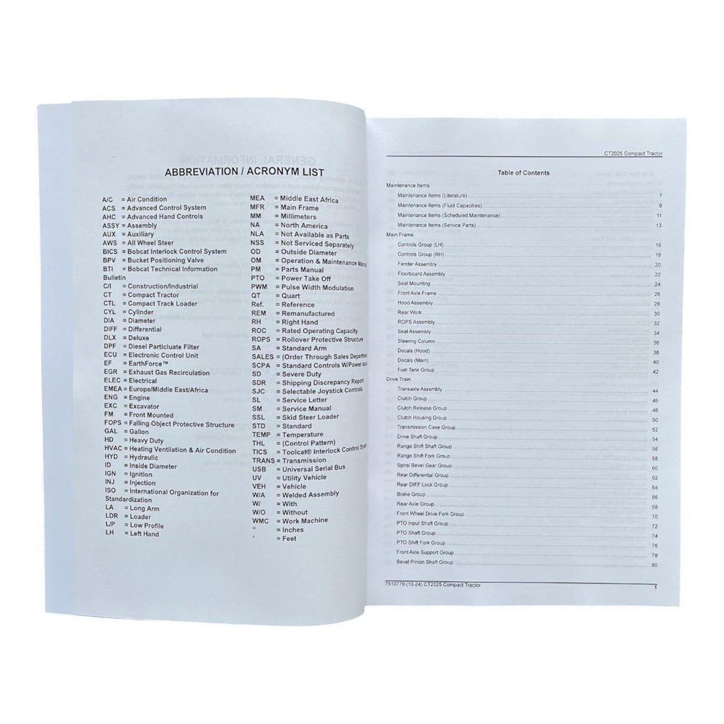 Manual del catálogo de piezas del tractor compacto Bobcat CT2025 B5AD11001-