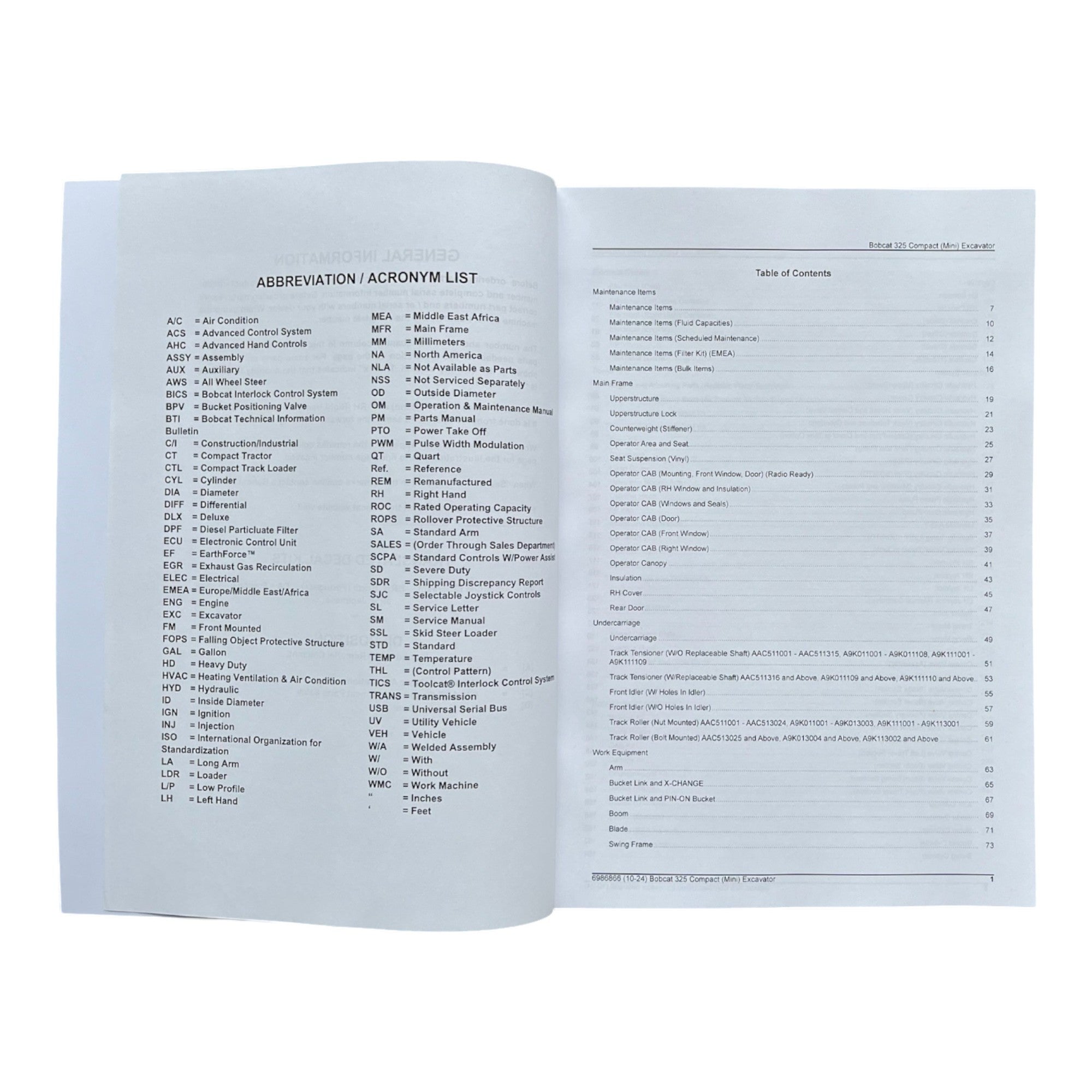 Bobcat 325 Excavator Parts Catalog Manual A9K011001- A9K111001- AAC511001-