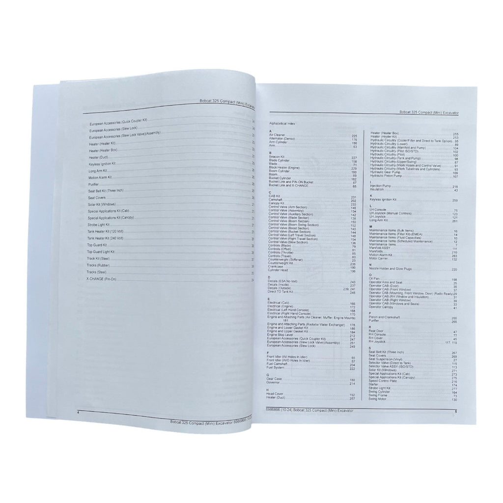 Bobcat 325 Excavator Parts Catalog Manual A9K011001- A9K111001- AAC511001-