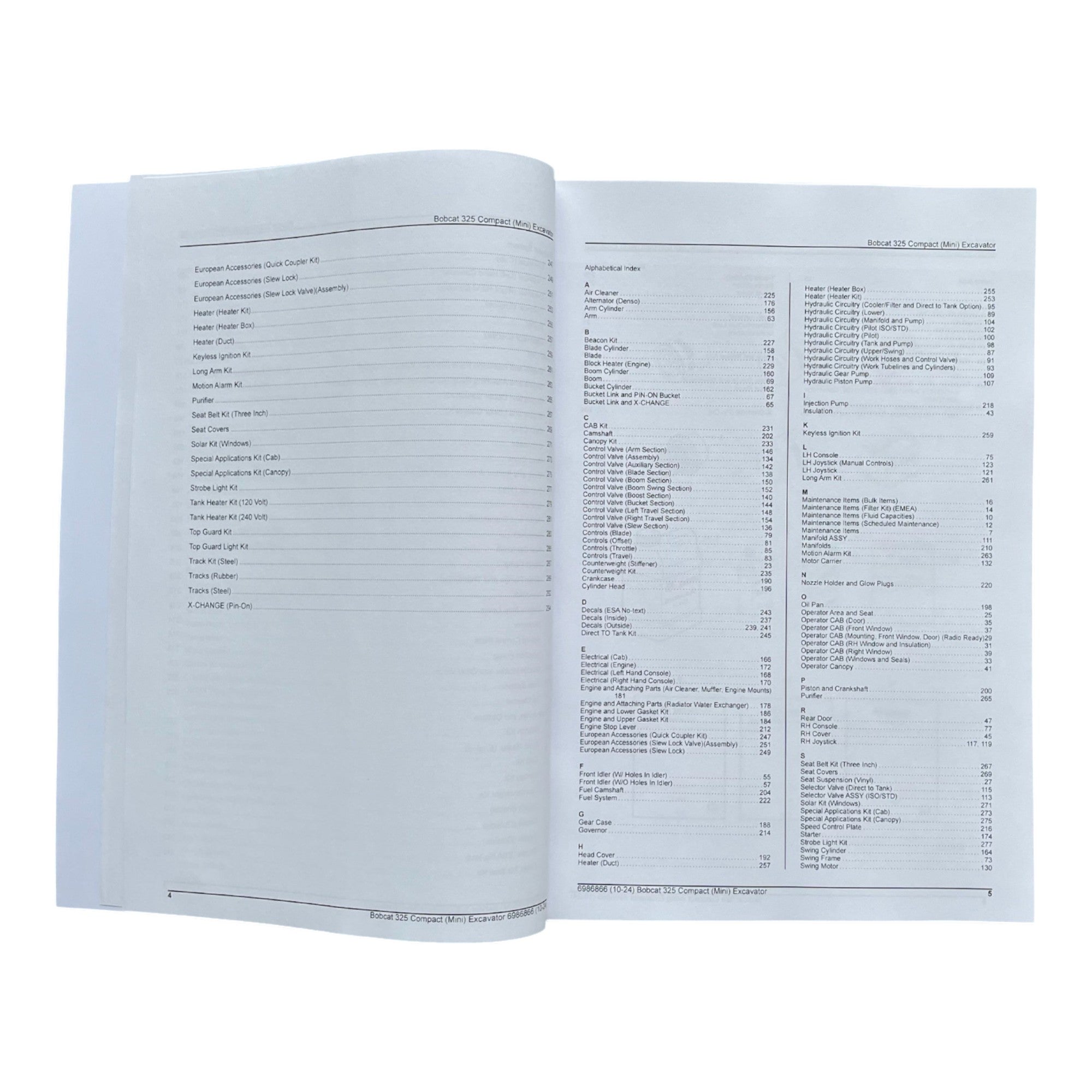 Bobcat 325 Excavator Parts Catalog Manual A9K011001- A9K111001- AAC511001-