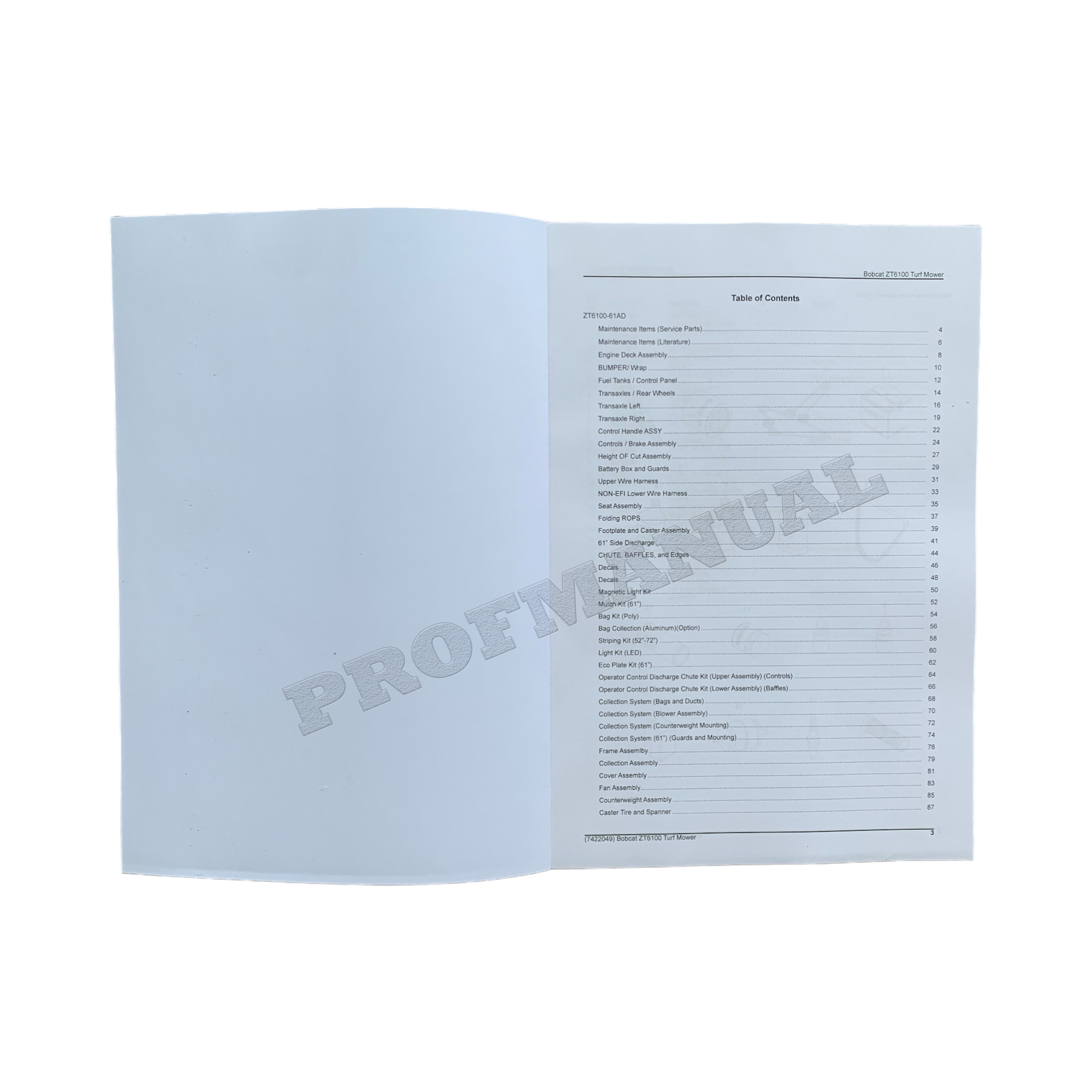 Bobcat ZT6100 Turf Mower Parts Catalog Manual 999601200101-