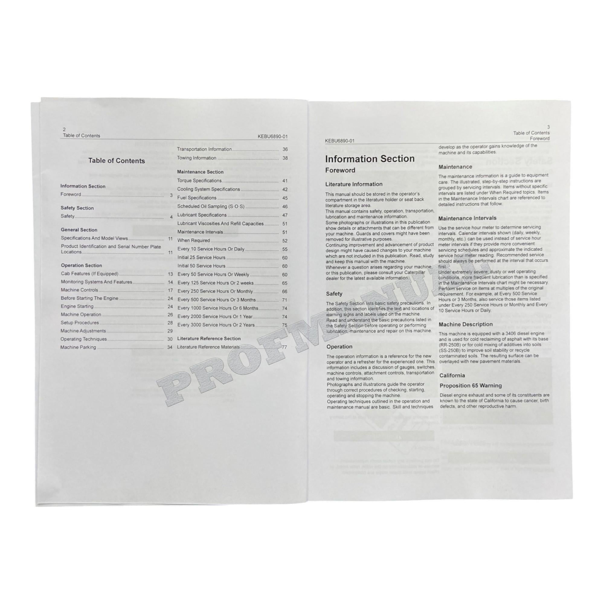 Caterpillar Cat SS 250B Stabilizer Operators Maintenance Manual