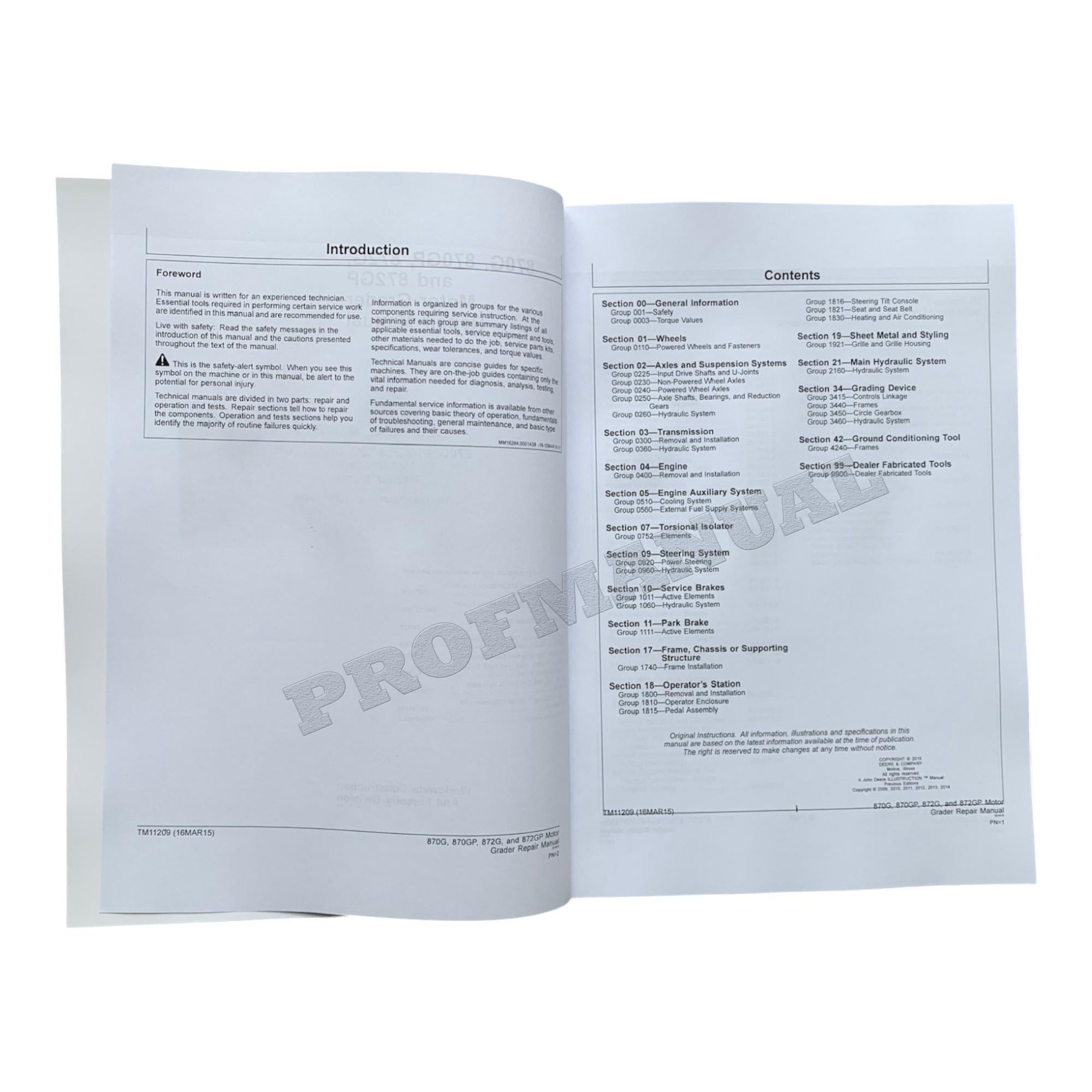 JOHN DEERE 870G 870GP 872G 872GP GRADER REPAIR SERVICE TECHNICAL MANUAL TM11209