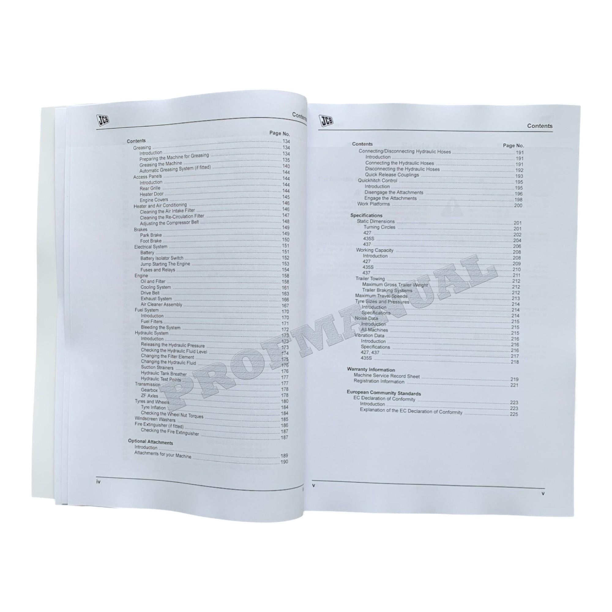 JCB 427 435S 437 TIER 4 Wheel Loader Operators Manual