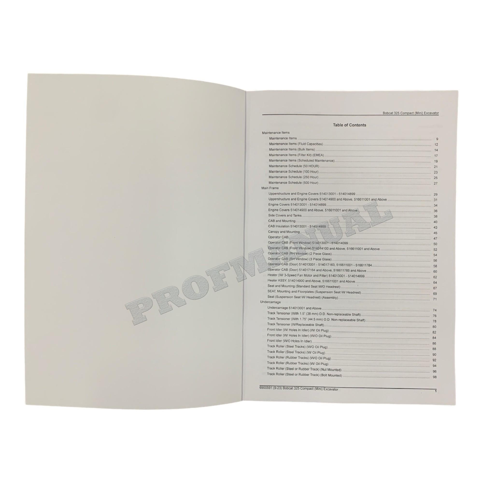 Bobcat 325 Excavator Parts Catalog Manual 514013001- 516611001-