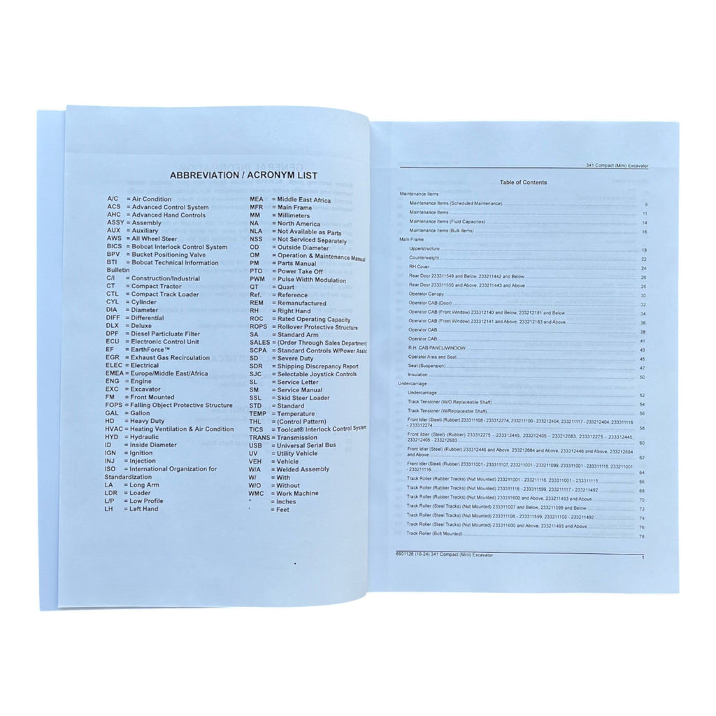 Bobcat 341 Excavator Parts Catalog Manual 233211001- 233311001- 234911001-