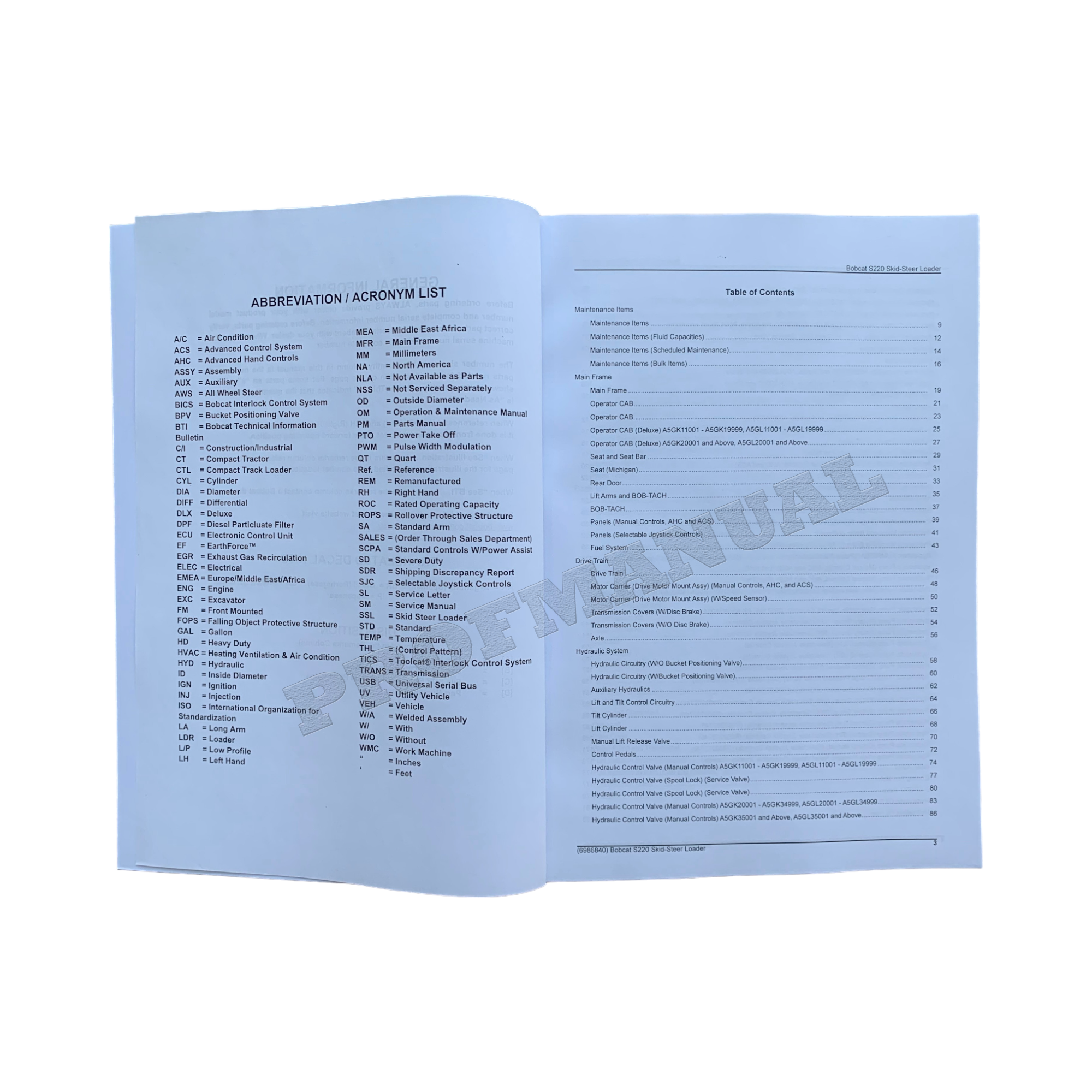 Bobcat S220 Skid Steer Loader Parts Catalog Manual A5GK11001- A5GL11001-