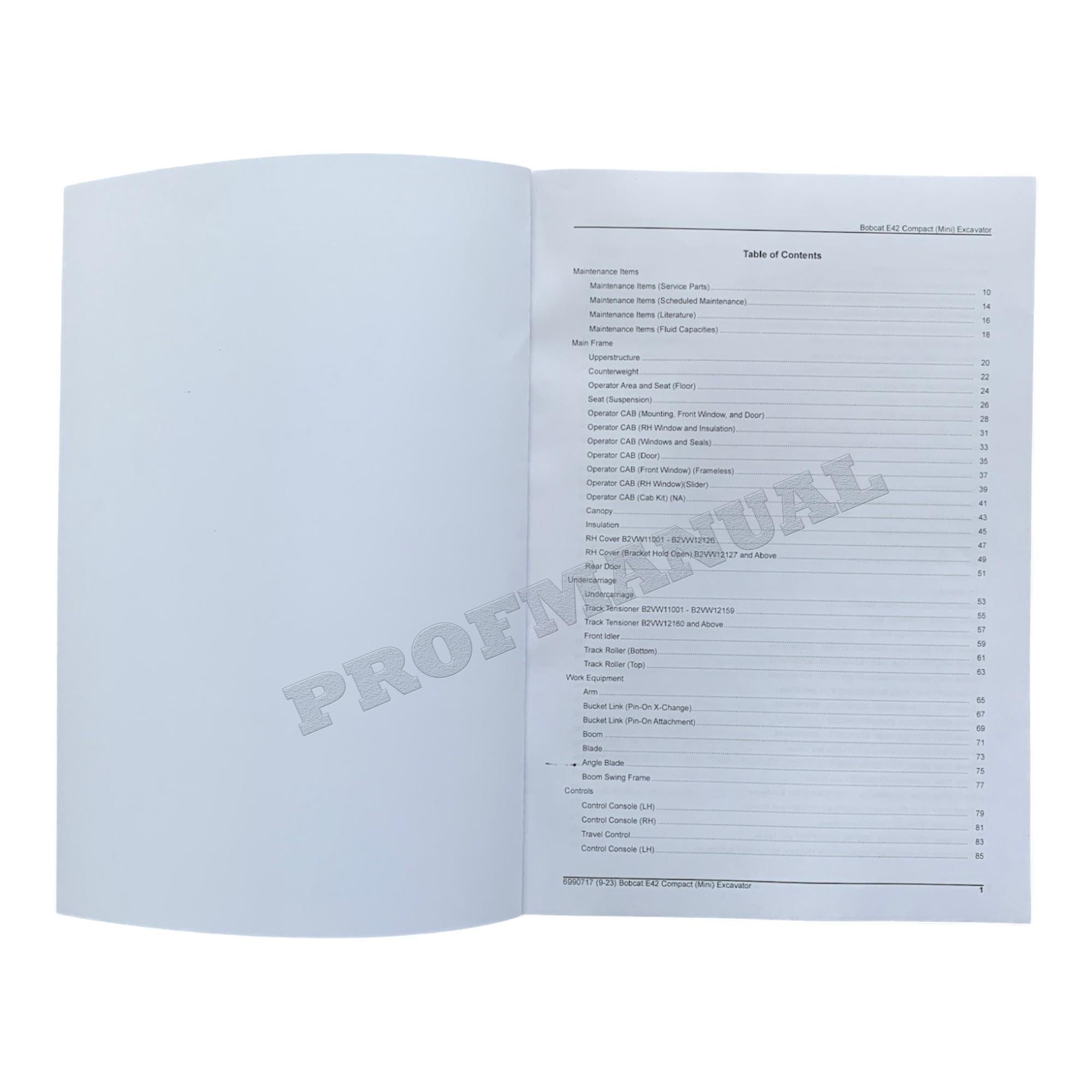 Bobcat E42 Excavator Parts Catalog Manual B2VW11001-