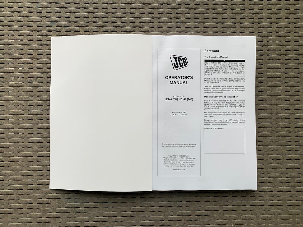 JCB JZ140 T4i JZ141 T4F Excavator Operators Manual
