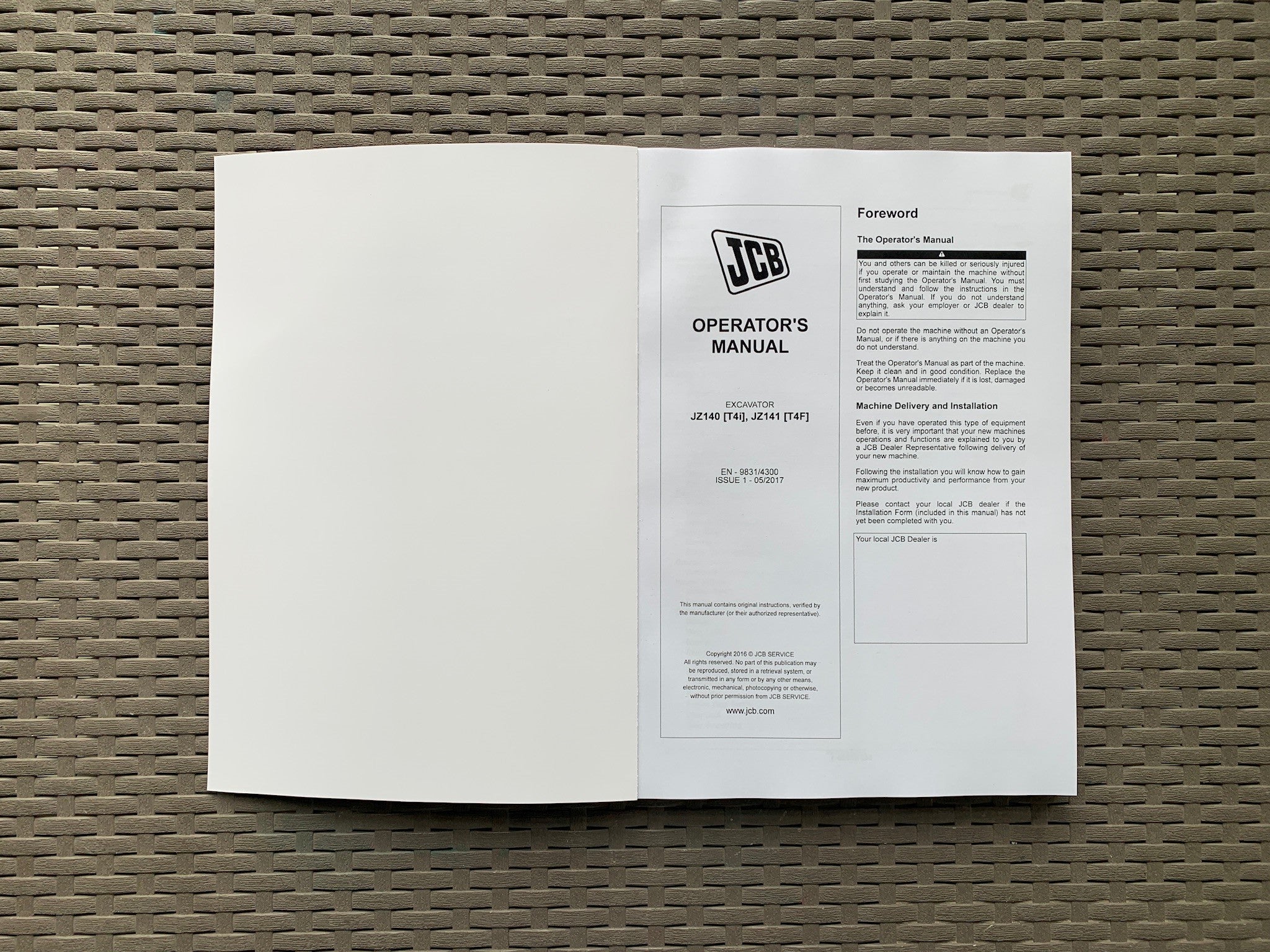 JCB JZ140 T4i JZ141 T4F Excavator Operators Manual