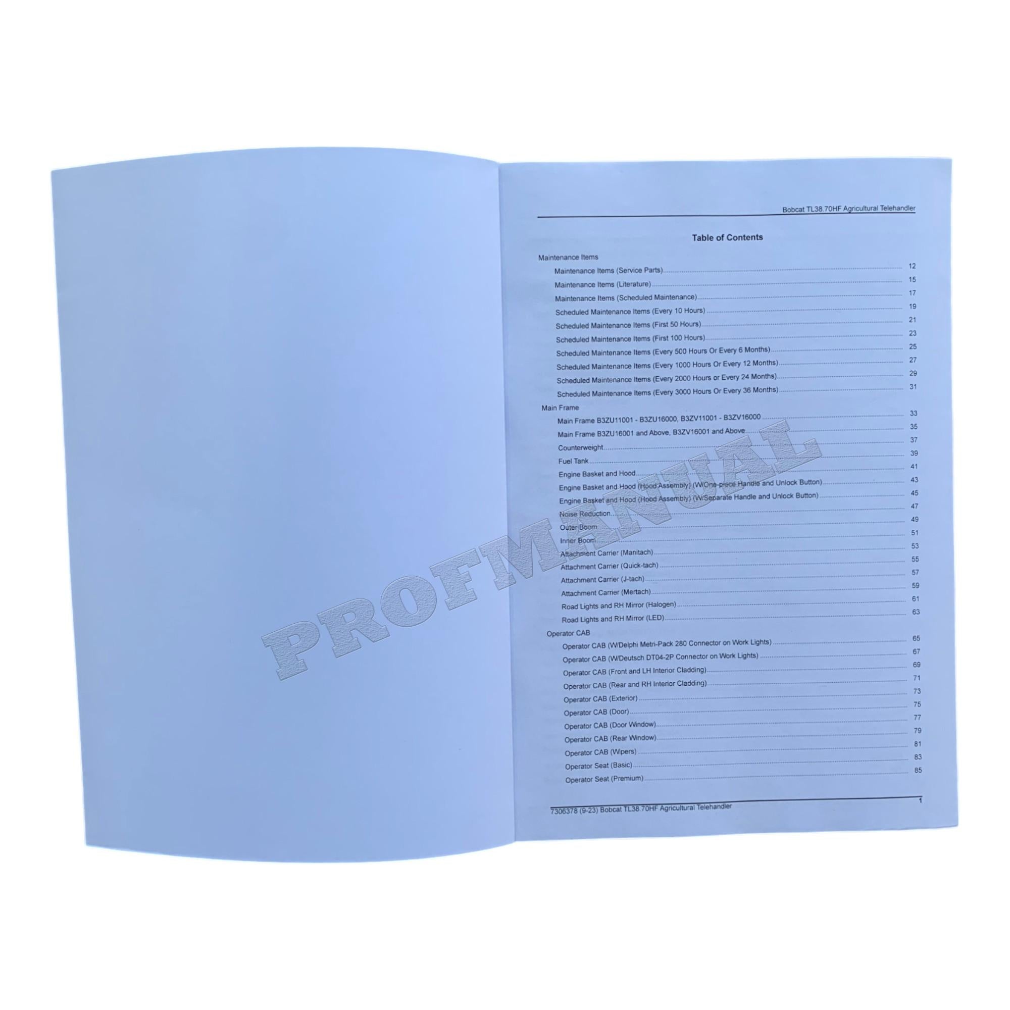 Catálogo de piezas del manipulador telescópico Bobcat TL38.70HF Manual B3ZU11001- B3ZV11001-