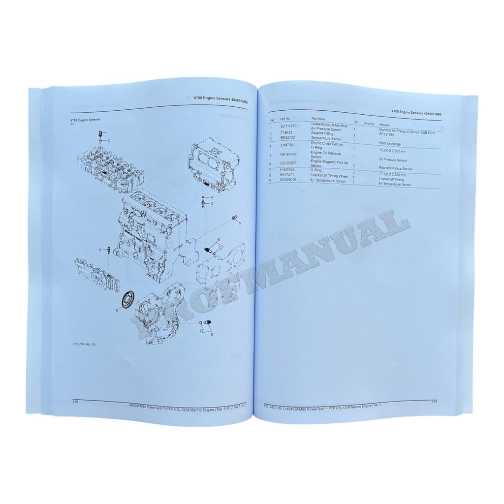 Manual del catálogo de piezas del motor marino OEM John Deere 4045SFM85 PowerTech PTP de 4,5 l
