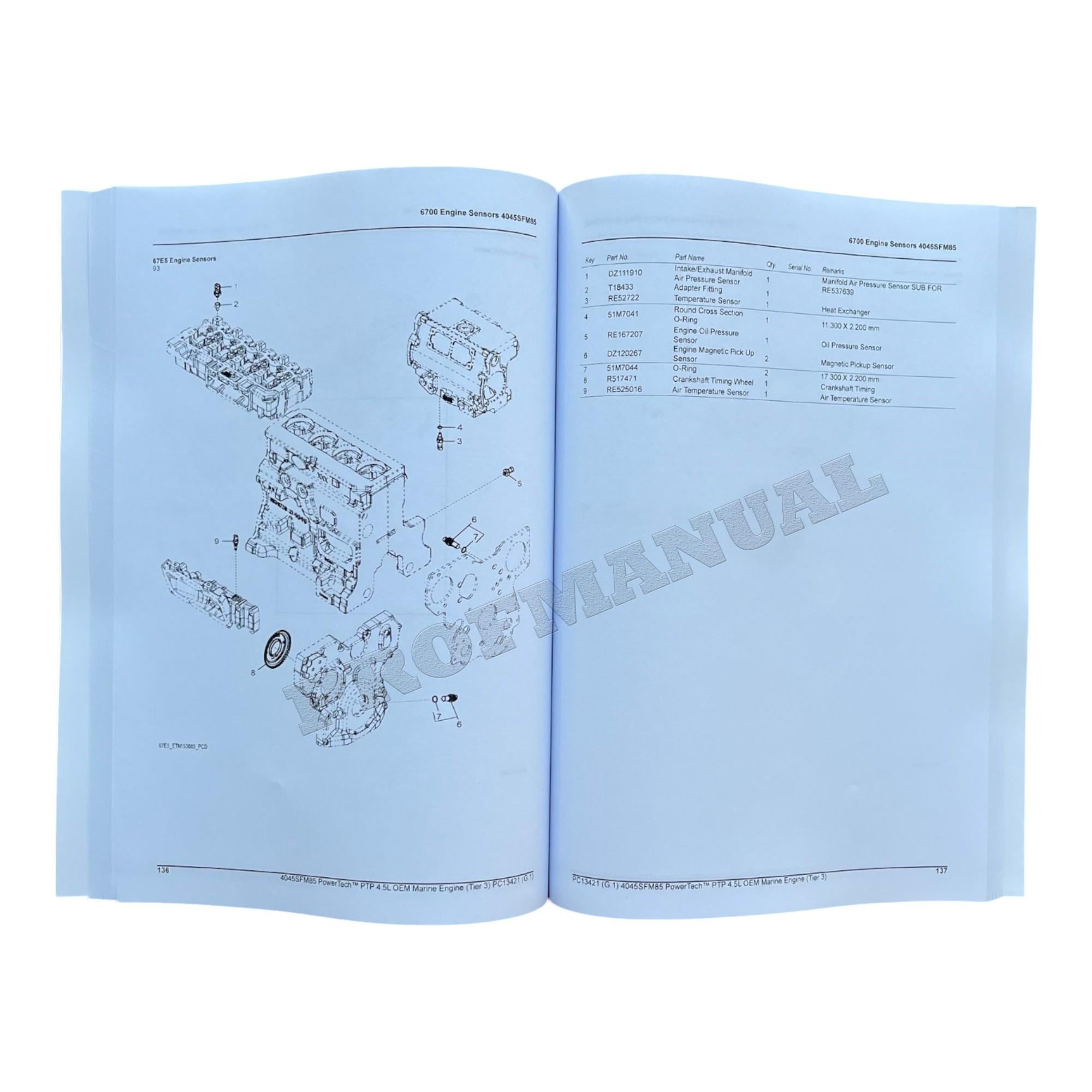 John Deere 4045SFM85 PowerTech PTP 4.5L OEM Marine Engine Parts Catalog Manual