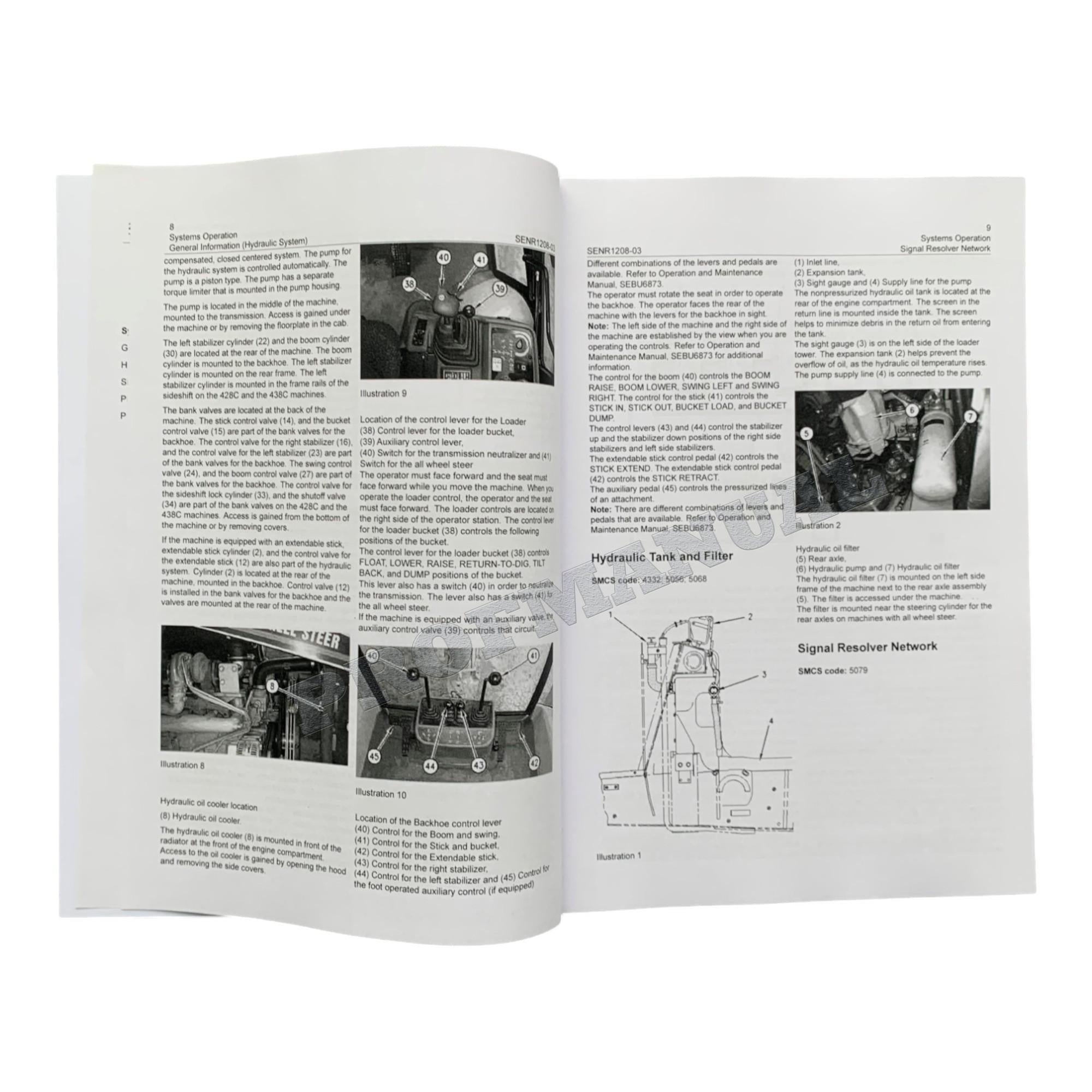 Manual de servicio de dirección hidráulica de retroexcavadoras Caterpillar 416C, 426C, 428C y 436C (4 libros)