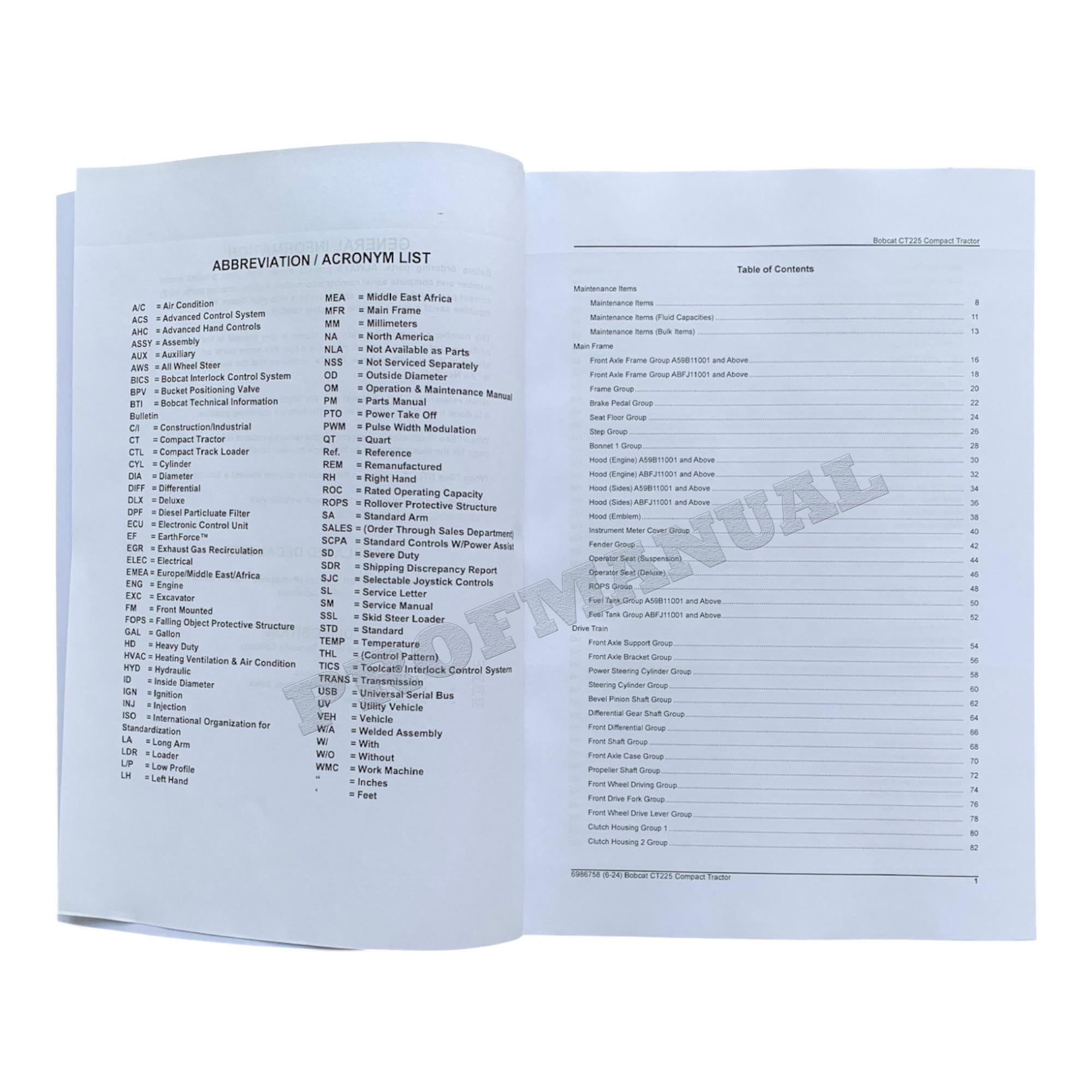 Bobcat CT225 Compact Tractor Parts Catalog Manual