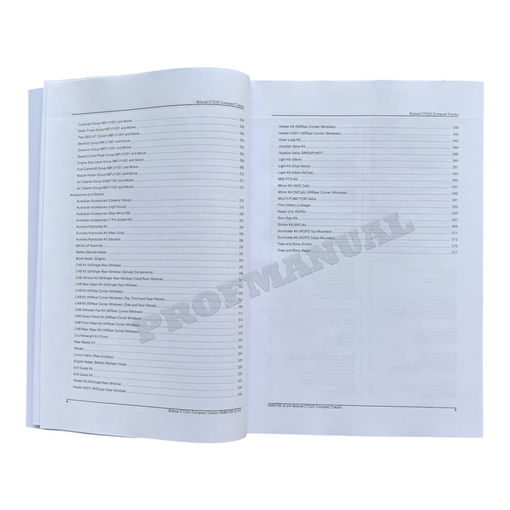 Bobcat CT225 Compact Tractor Parts Catalog Manual