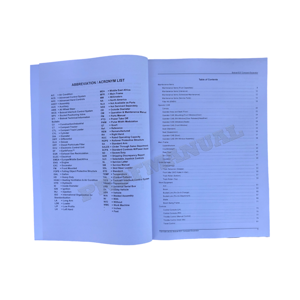Bobcat E37 Excavator Parts Catalog Manual