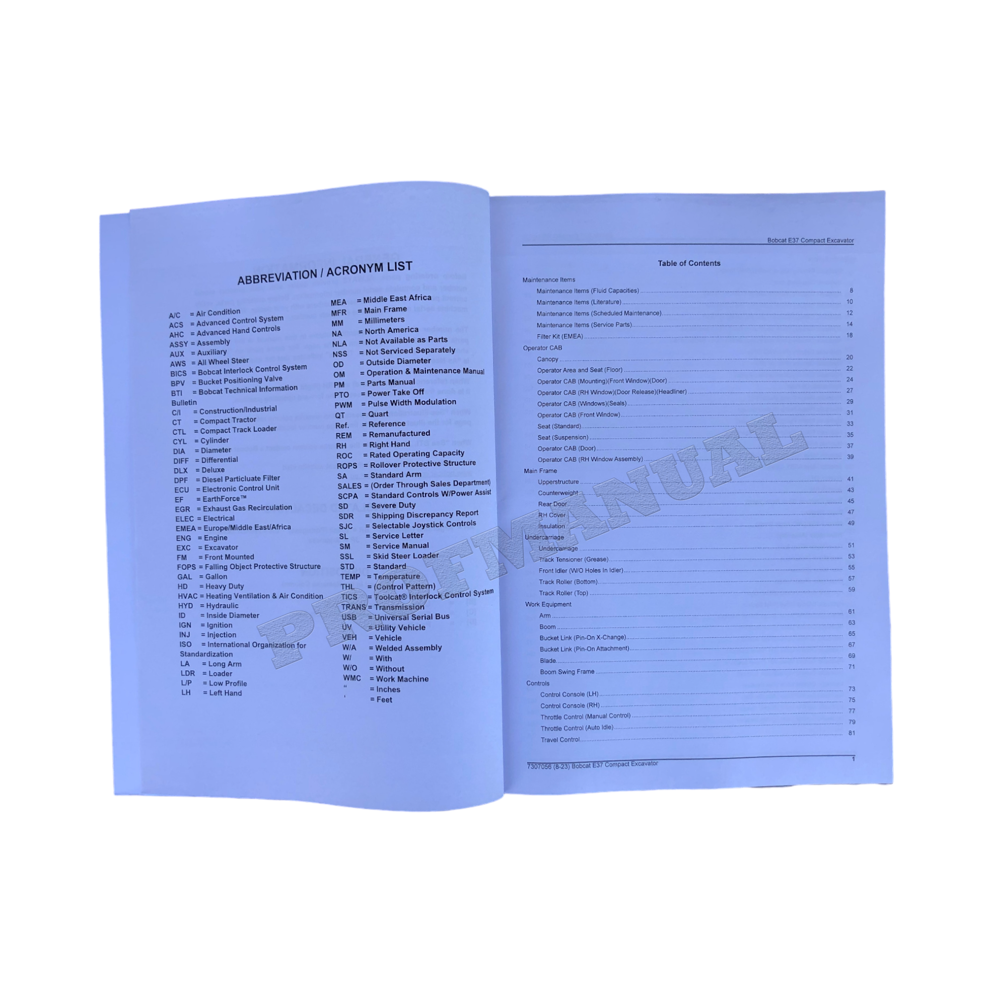 Bobcat E37 Excavator Parts Catalog Manual