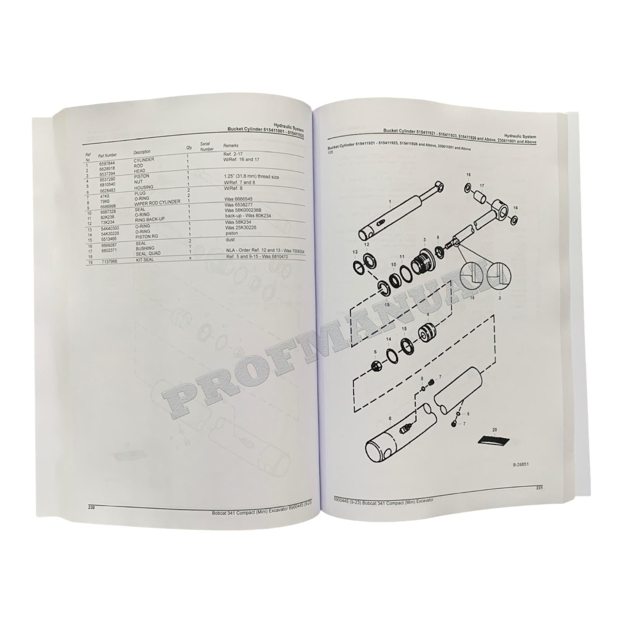 Bobcat 341 Excavator Parts Catalog Manual 230611001- 515411001-