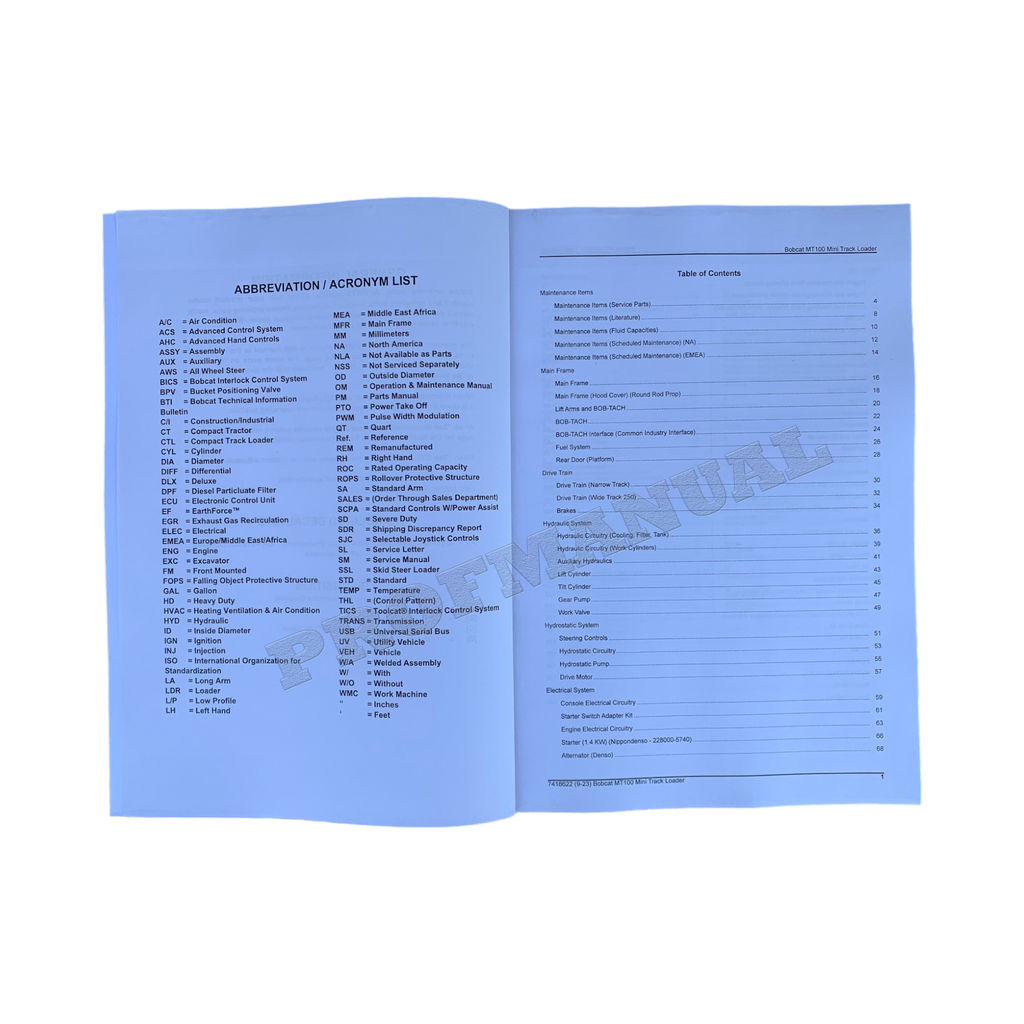 Bobcat MT100 Mini Track Loader Parts Catalog Manual