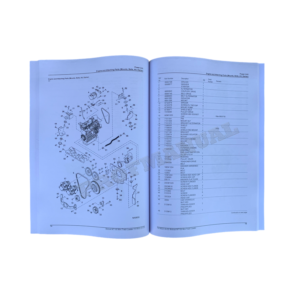 Bobcat MT100 Mini Track Loader Parts Catalog Manual
