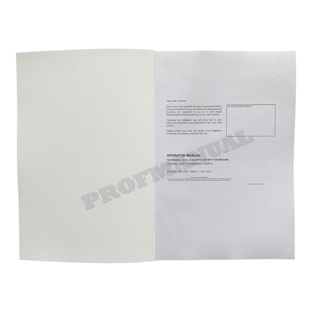 JCB 1CX 1CXWS 1CXT STANDARD-TIER 3 BACKHOE LOADER Operators Manual