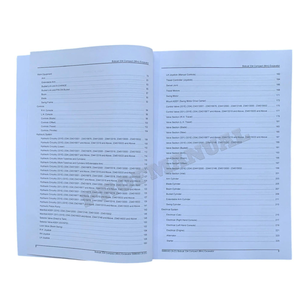 Bobcat 334 Excavator Parts Catalog Manual 234313001- 234412001- 234513001-