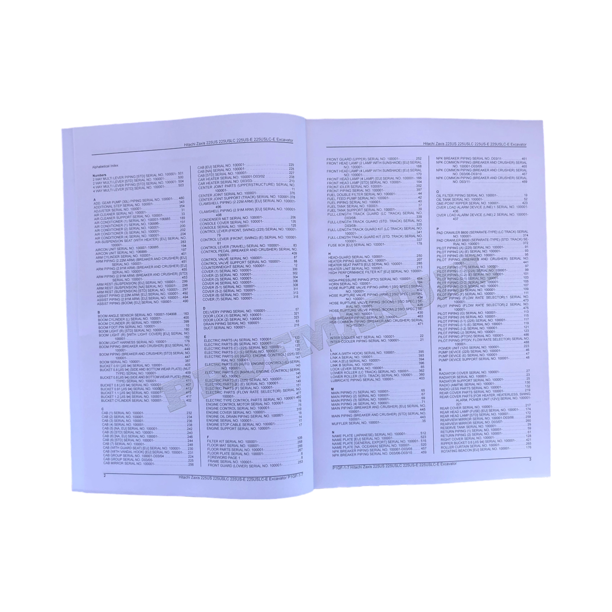 Hitachi ZAXIS 225US 225USLC 225US-E 225USLC-E excavator parts catalog manual