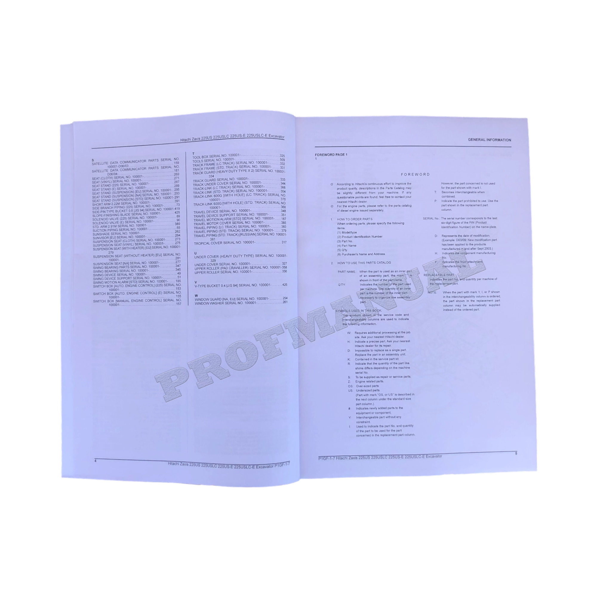 Hitachi ZAXIS 225US 225USLC 225US-E 225USLC-E excavator parts catalog manual