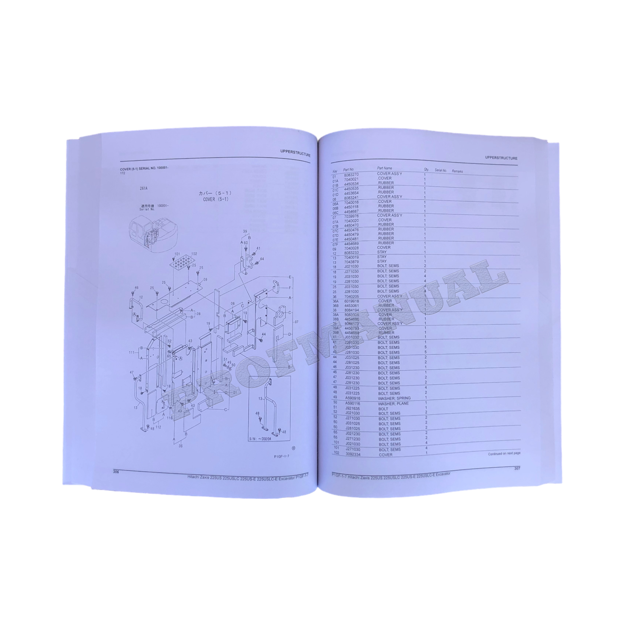 Hitachi ZAXIS 225US 225USLC 225US-E 225USLC-E excavator parts catalog manual