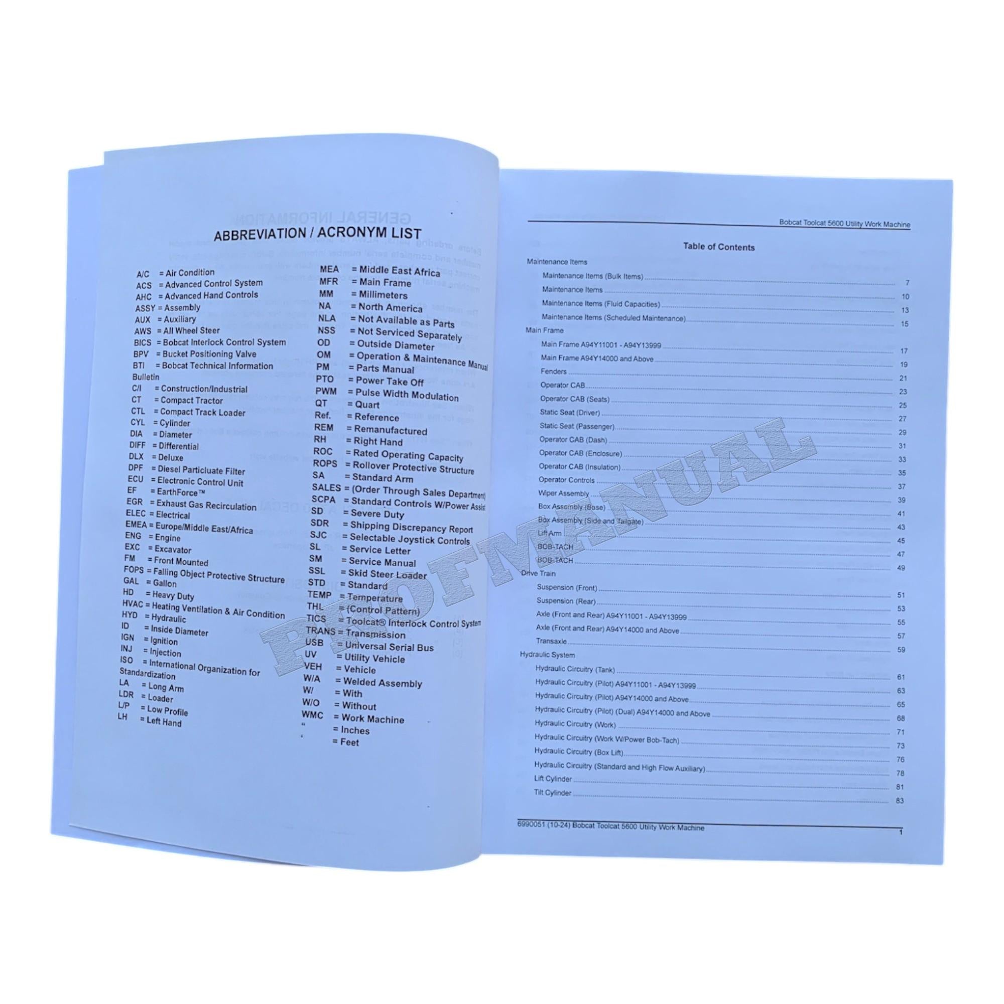 Bobcat 5600 Toolcat Work Machine Parts Catalog Manual A94Y11001-