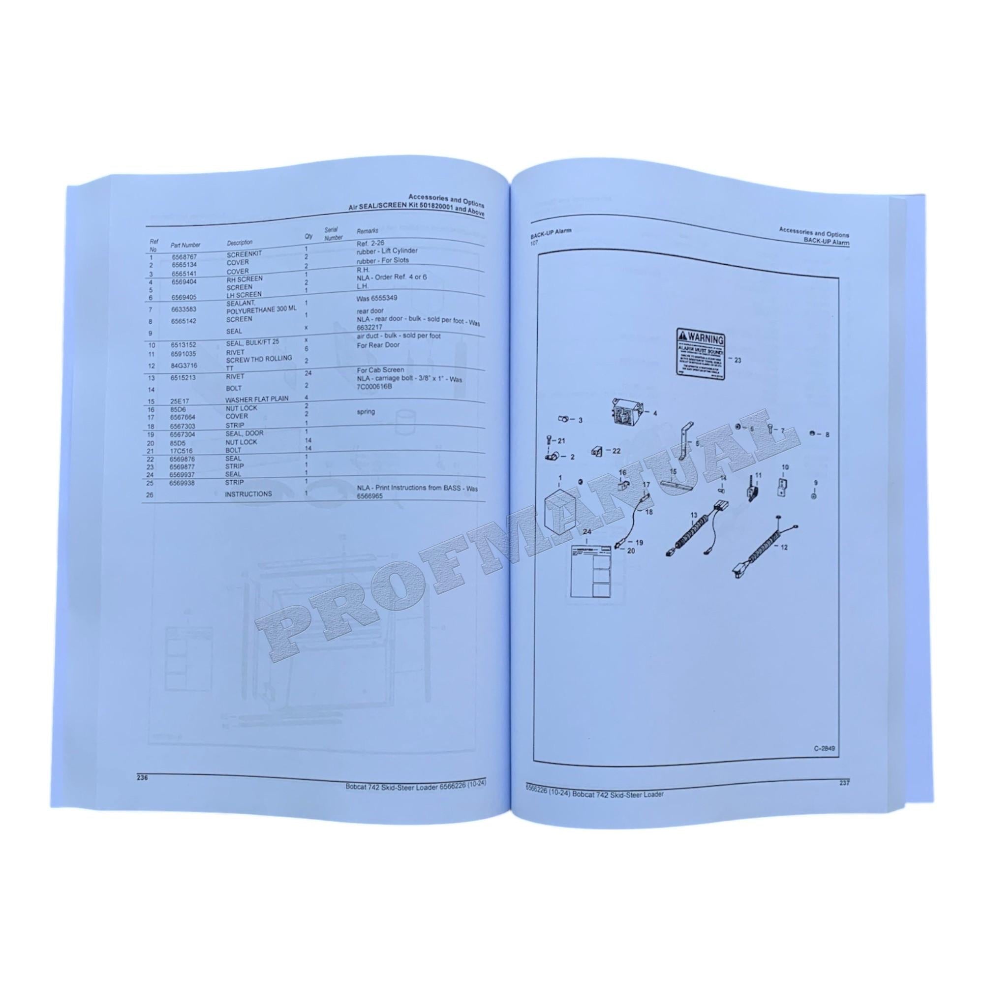 Bobcat 742 Skid Steer Loader Parts Catalog Manual 501811001- 507423001-