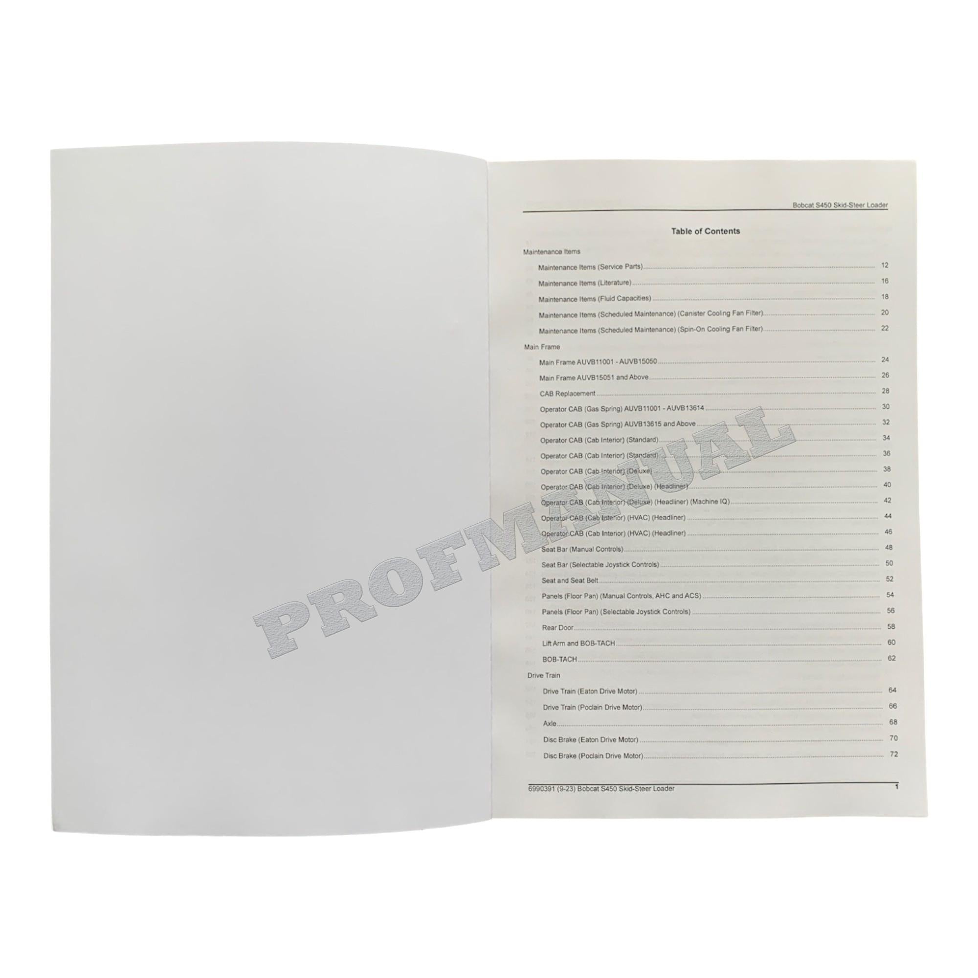 Bobcat S450 Skid Steer Loader Parts Catalog Manual AUVB11001-