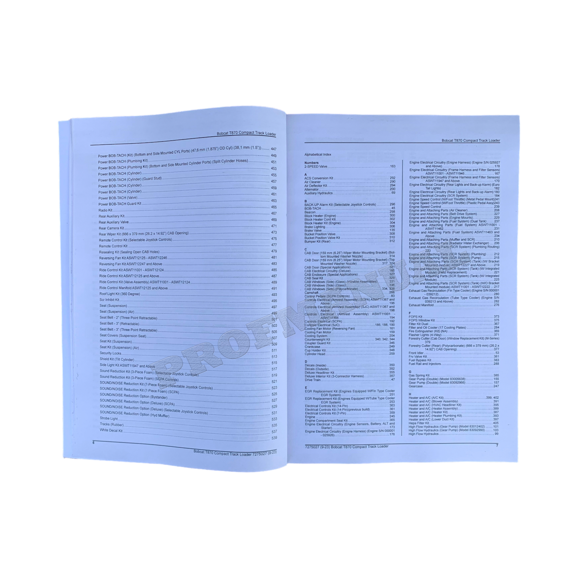 Bobcat T870 Compact Track Loader Parts Catalog Manual ASWT11001-
