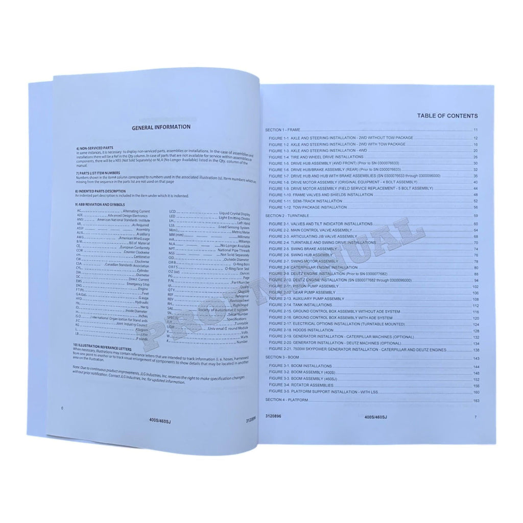 JLG 400S 460SJ Boom Lift  Parts Catalog Manual Prior to 0300096000