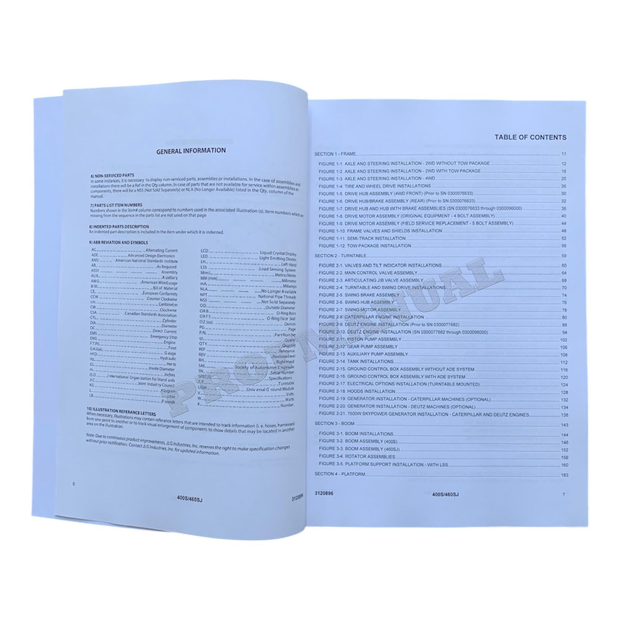 JLG 400S 460SJ Boom Lift  Parts Catalog Manual Prior to 0300096000