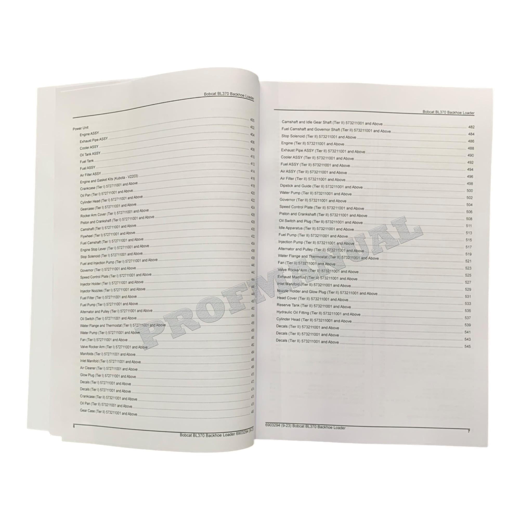 Manual del catálogo de piezas de la retroexcavadora Bobcat BL370 572711001- 573211001-