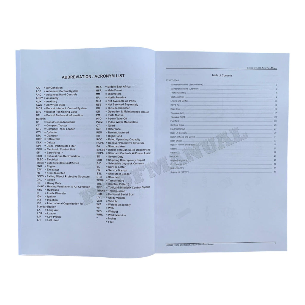 Bobcat ZT5000 Turf Mower Parts Catalog Manual B66H11001-