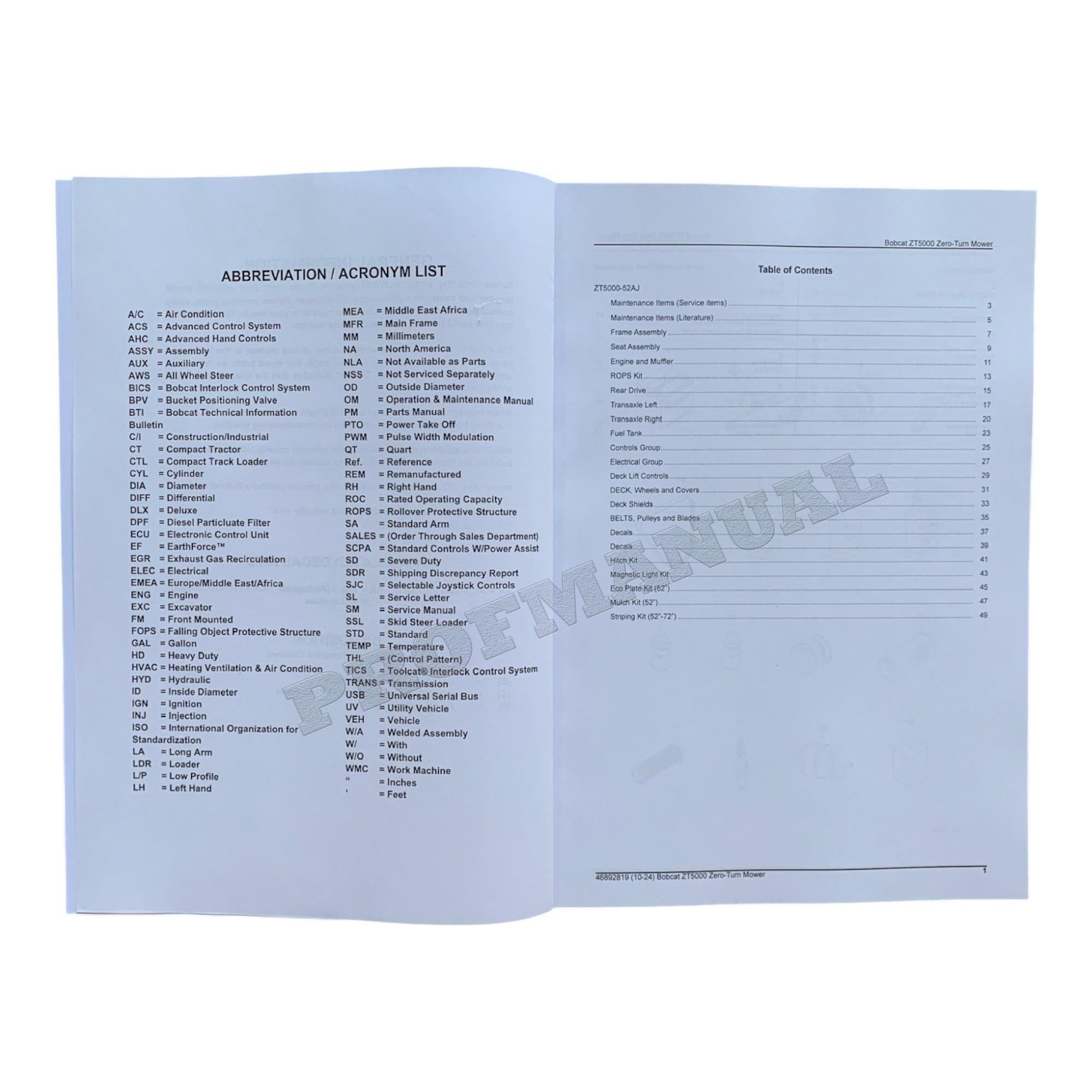 Bobcat ZT5000 Turf Mower Parts Catalog Manual B66H11001-